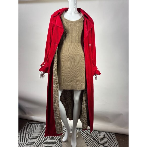 Vintage Newport News Red Corduroy Belted Trench Coat With Leopard Print Lining S - Picture 7 of 16